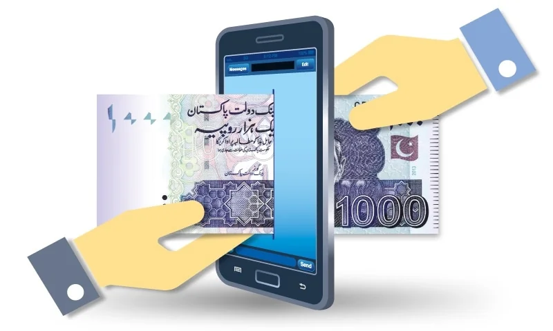 Dawn's illustration for the article: two hands passing a 1000 rupee note through a smartphone