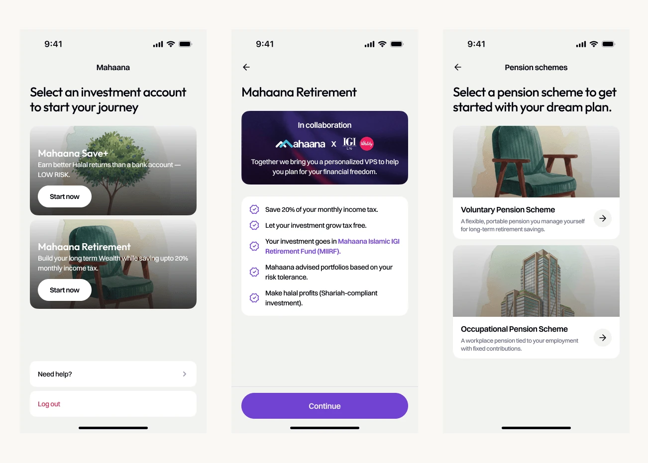 Six onboarding screens: choosing between Mahaana Save+ and Mahaana Retirement, the Mahaana x IGI retirement overview, picking a voluntary or occupational pension scheme, who the Voluntary Pension Scheme is for, the two-part set-up checklist, and the annual income question