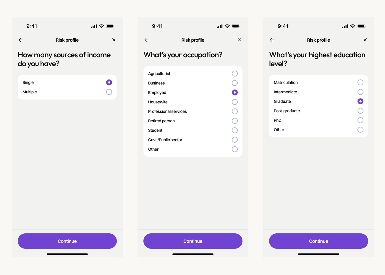 Six risk profile questions, one per screen: sources of income, occupation, highest education, marital status, whether you save or invest regularly, and how long you plan to keep the investment