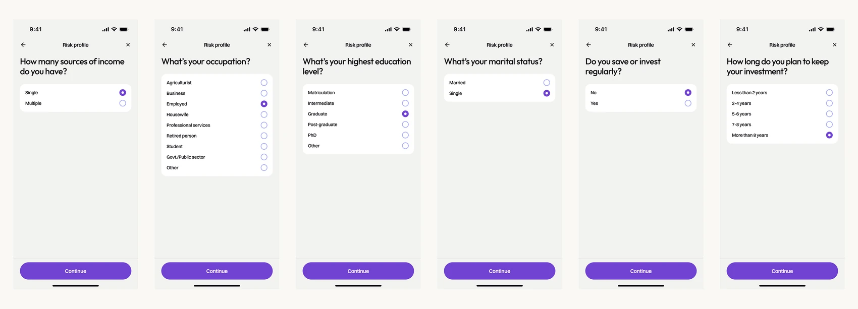 Six risk profile questions, one per screen: sources of income, occupation, highest education, marital status, whether you save or invest regularly, and how long you plan to keep the investment
