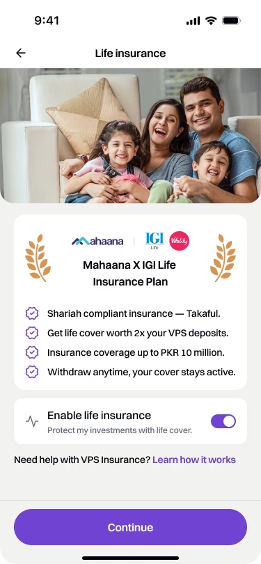 The Mahaana X IGI Life insurance plan, with its Takaful cover details and an enable toggle