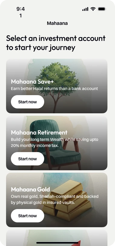 Select an investment account: Save+, Retirement and Gold product cards