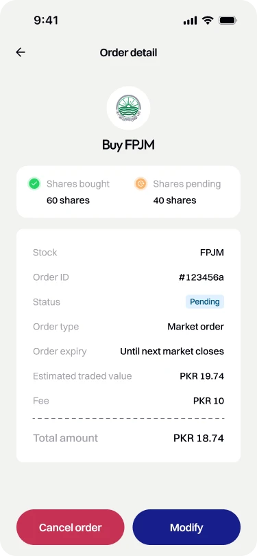 Order detail for buying FPJM: shares bought and pending, fees, total, and cancel or modify